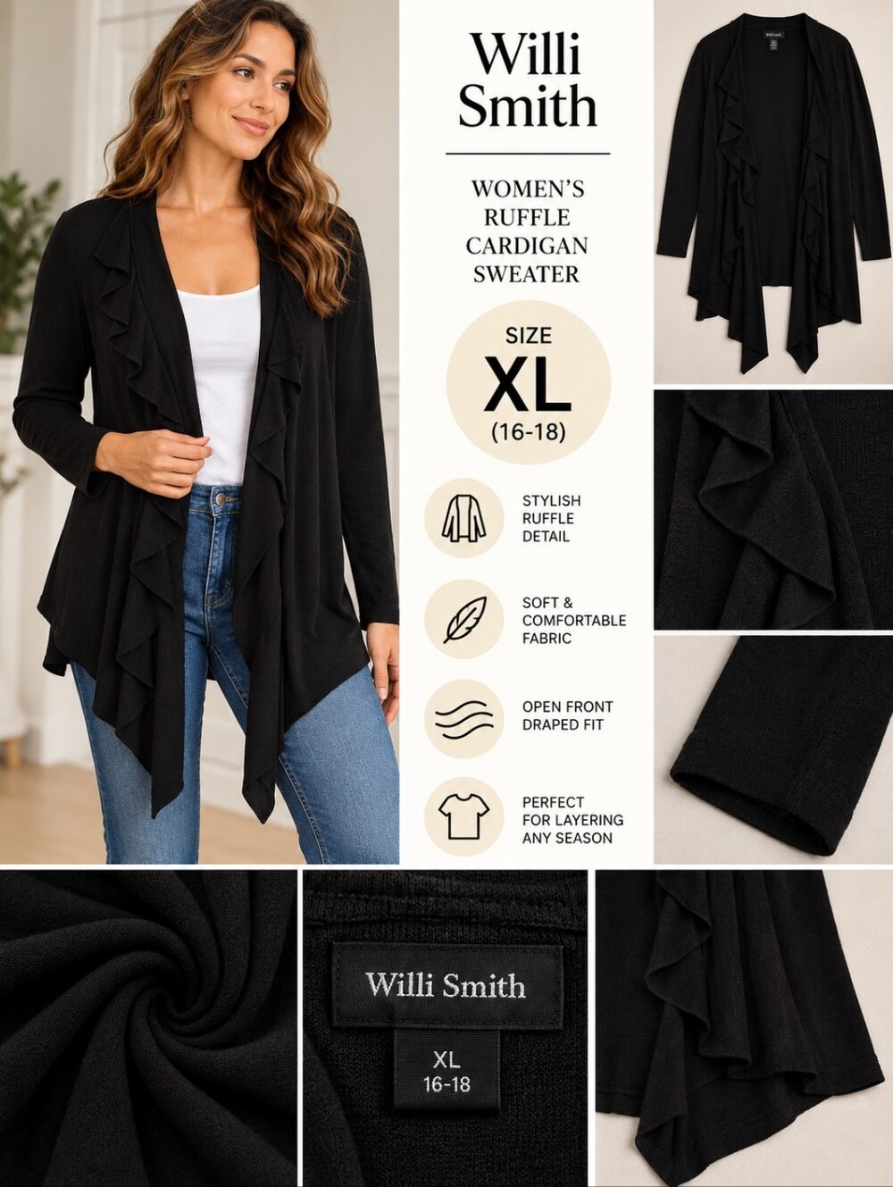 Willi Smith Women's XL black ruffle cardigan sweater #37